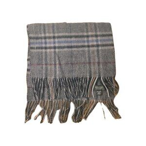 Vtg Mens 100% Lambs Wool Gray Tartan Plaid Fringe Scarf 72.5 in Quiet Luxury